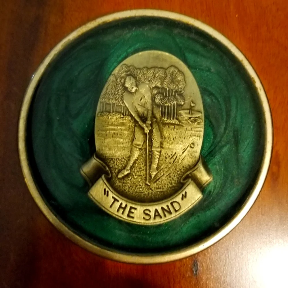 (3) Brass Medallion Green Marbled Golf Themed Coasters